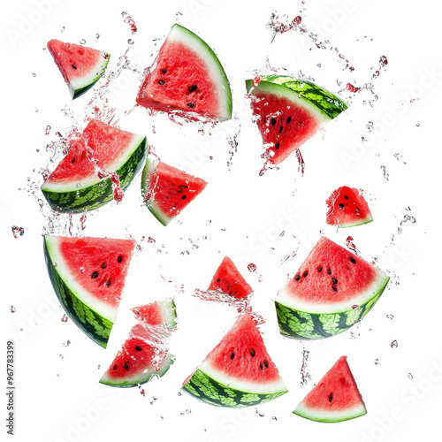 Watermelon slices splashing in water transparent background