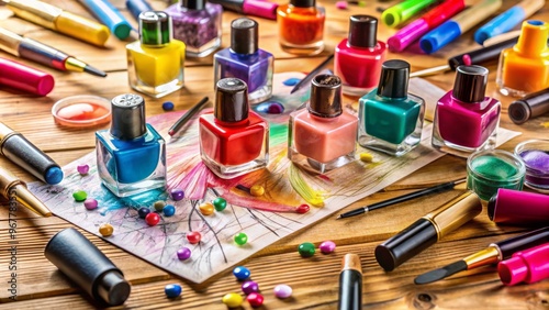 Colorful drawing supplies and nail polish bottles scattered on a wooden desk, surrounded by sketches and half-painted photo