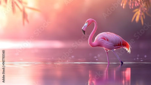 A doflamingo bird wading in calm waters, its long, slender legs and striking pink plumage catching the light, creating a peaceful scene in nature.