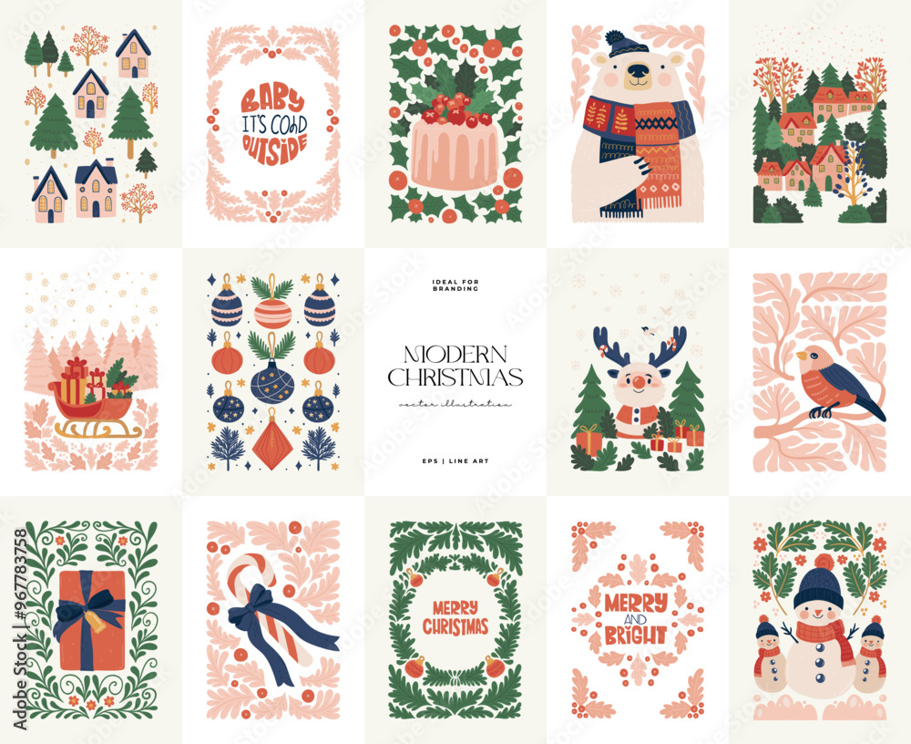 Fototapeta premium Merry Christmas and Happy New Year illustration. Modern trendy minimal style. Hand drawn design for wallpaper, wall decor, print, postcard, cover, template, banner.