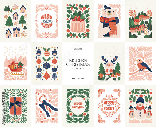 Merry Christmas and Happy New Year illustration. Modern trendy minimal style. Hand drawn design for wallpaper, wall decor, print, postcard, cover, template, banner.