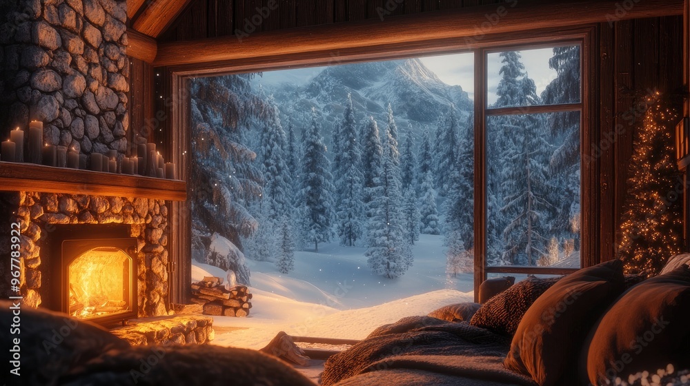 Cozy cabin with a fireplace and a view of a snow-covered forest Cozy cabin with a fireplace and a view of a snow-covered forest