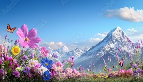 A peaceful meadow filled with wildflowers and butterflies, with a snow-capped mountain range in the distance