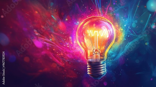 A glowing lightbulb set against a colorful abstract background, symbolizing ideas and creativity, with bright hues and dynamic patterns surrounding the bulb