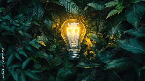 A light bulb glowing brightly in a lush green setting, highlighting innovation within naturea serene environment photo