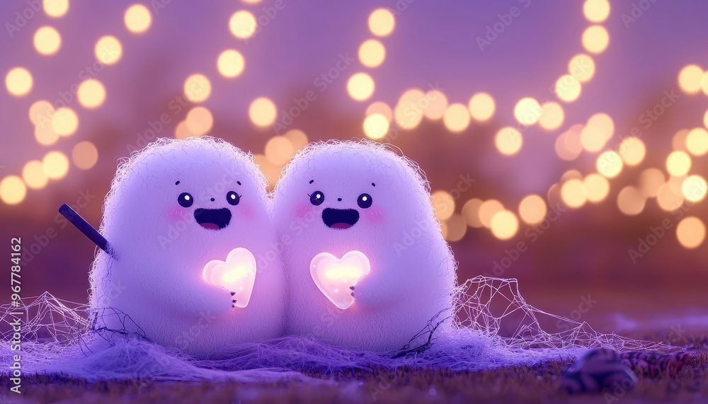 Chubby cute animals playing with a cobwebcovered pitchfork, each holding icecream, heartshaped decorations, Halloween love, 3D illustration