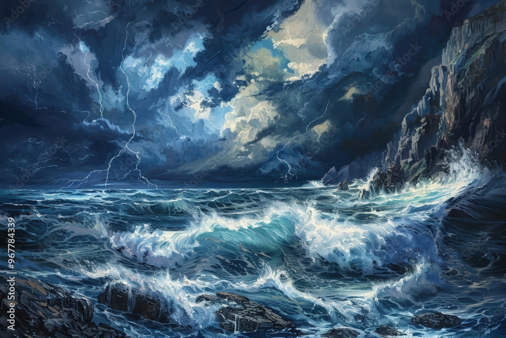 A painting of a stormy ocean with a large wave crashing against a rocky shore A painting of a stormy ocean with a large wave crashing against a rocky shore