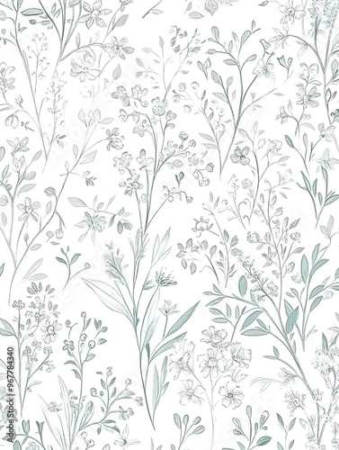 A seamless pattern of delicate wildflowers with intricate details in soft aqua