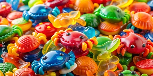 Colorful Gummy Candies Shaped Like Sea Creatures, Including Crabs, Piled In A Colorful Mound.