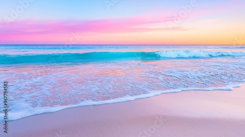 A serene beach at sunset, with vibrant orange and pink skies, and gentle waves lapping at the shore photo