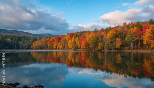 Herbstwaldspiegelung an einem Bergsee mit malerischer Bergkette