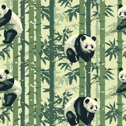 Seamless pattern pandas sit on bamboo branches on a green background in cartoon style