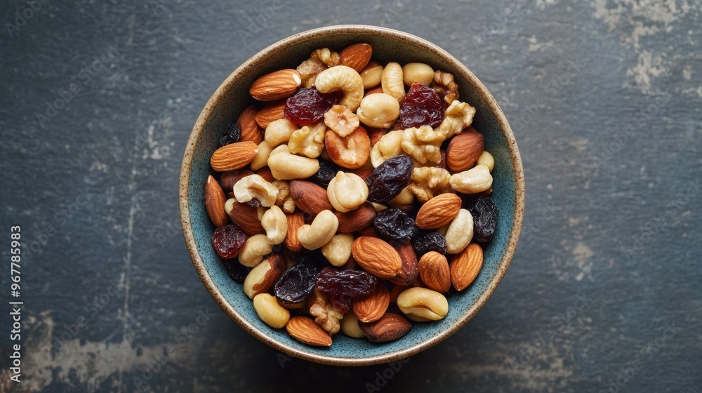 A bowl filled with assorted nuts and dried fruits, perfect for snacking or healthy eating.