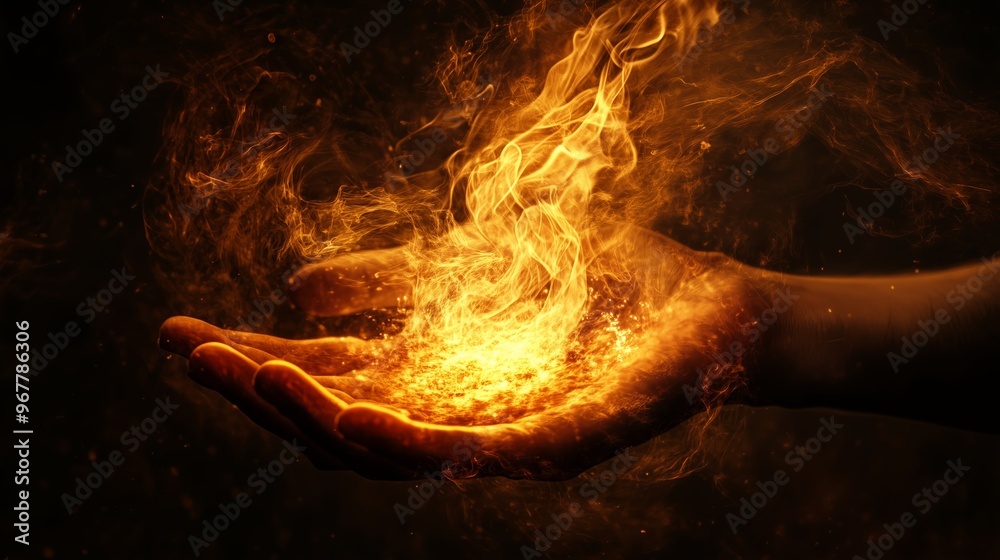 Naklejka premium A person holds flames in their hand, creating a stunning display of fire against a dark background with swirling smoke