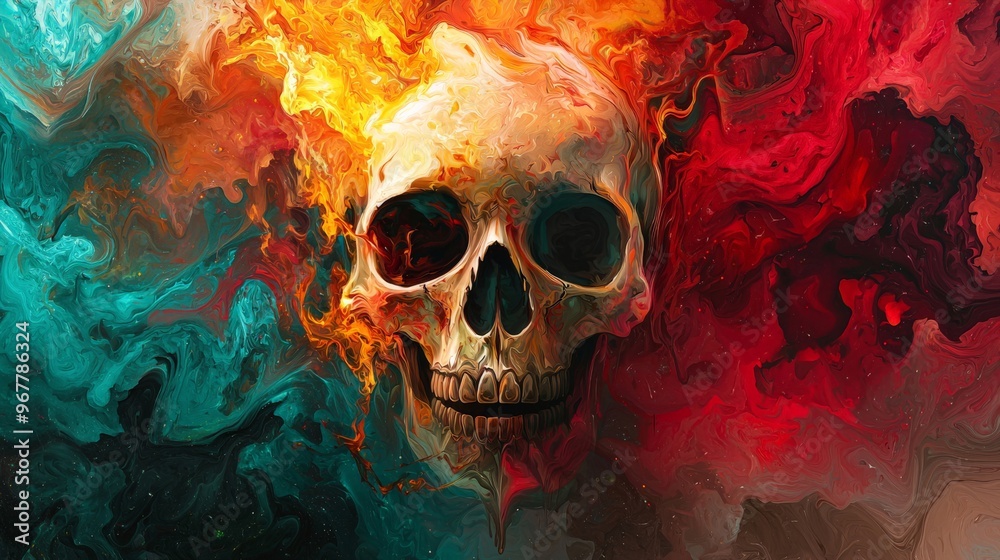 Artistic depiction of a flaming skull, abstract and bold, vibrant colors Artistic depiction of a flaming skull, abstract and bold, vibrant colors