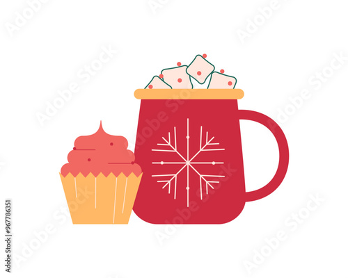 Christmas hot chocolate with marshmallow and cupcake. Winter festive drink and sweet muffin. Warm sweet xmas cocoa with small dessert. Flat vector illustration isolated on white backgroundbaked, bever