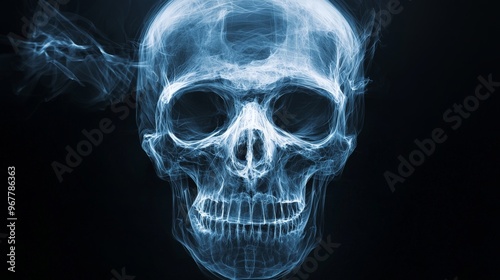 Artistic interpretation of a skull x-ray, glowing edges, dark background