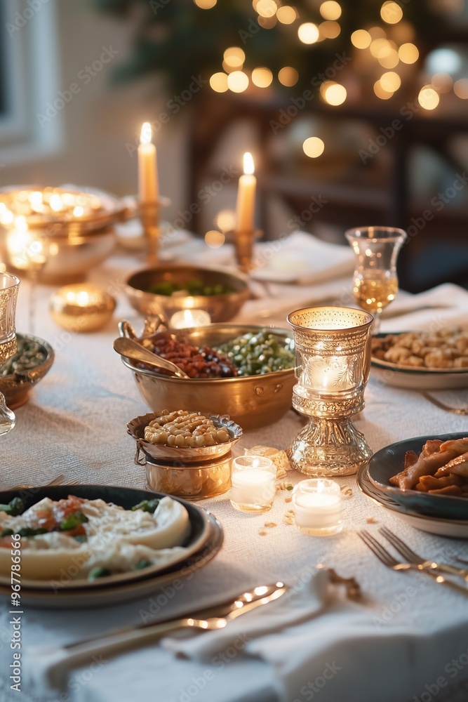 Elegant holiday dinner table with candles, golden tableware, and an assortment of traditional dishes, creating a cozy festive ambiance. Elegant holiday dinner table with candles, golden tableware, and an assortment of traditional dishes, creating a cozy festive ambiance.