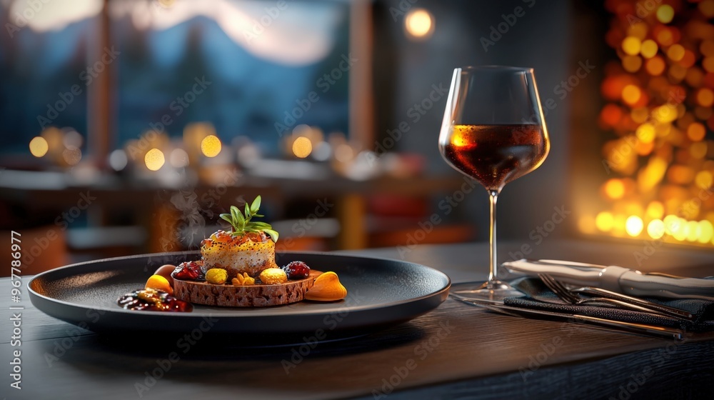 Naklejka premium Elegant dining scene featuring gourmet dessert and fine drink, perfect for showcasing luxury food and ambiance.