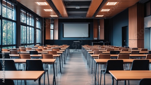 Empty seminar space with rows of tables and chairs, projector setup ready, clean and modern design