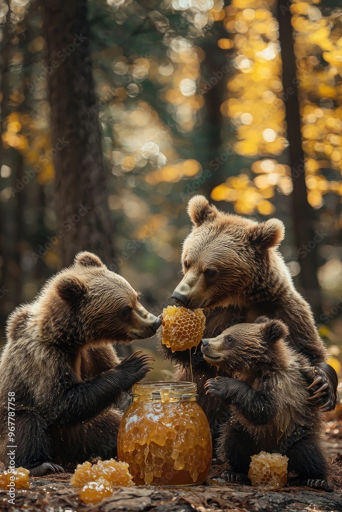 Fototapeta premium bear eats honey Selective focus