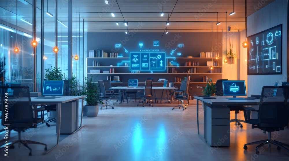 Modern office with futuristic technology and smart home system.