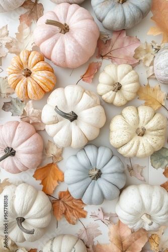 Various pastel-colored pumpkins surrounded by dry autumn leaves, creating a seasonal and festive fall atmosphere.