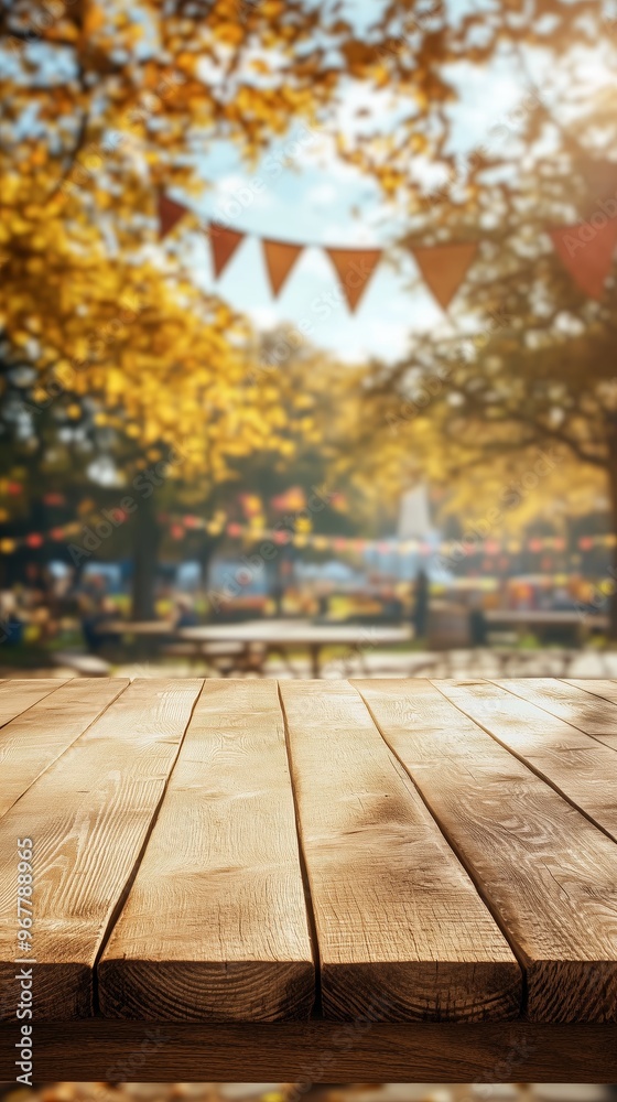 Obraz premium Wooden table with a blurred background of autumn trees and festive bunting, perfect for outdoor event imagery.