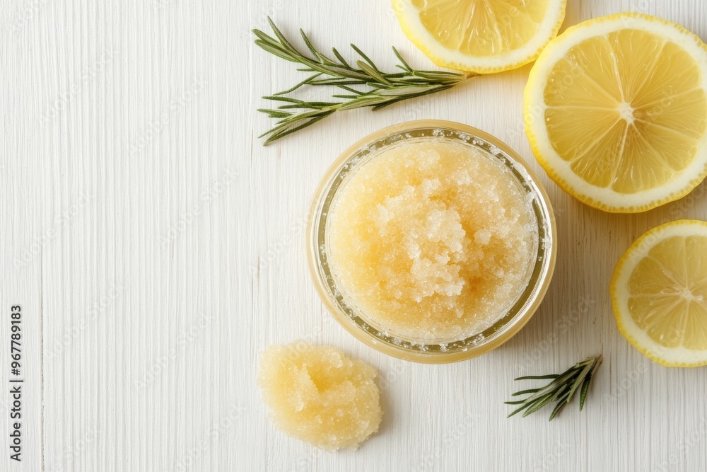 Jar of body scrub with lemon slices and rosemary Jar of body scrub with lemon slices and rosemary