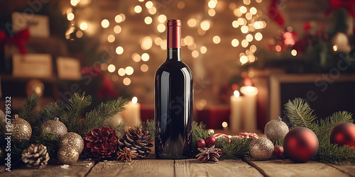 Warm and cozy holiday scene with a bottle of red wine and various holiday decorations around. photo