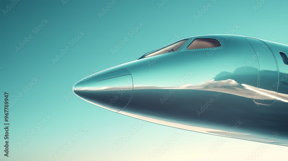 Close-up of a futuristic airplane nose with windows, set against a clear blue sky, reflecting technical precision. Close-up of a futuristic airplane nose with windows, set against a clear blue sky, reflecting technical precision.