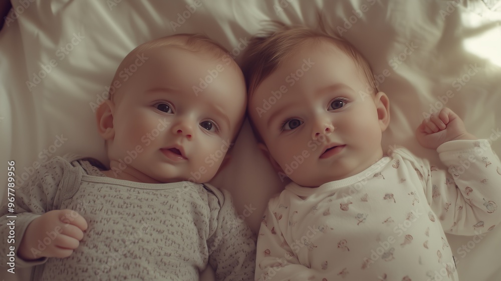 Two cute twin babies in patterned outfits lying on a bed, creating a heartwarming and serene scene. Two cute twin babies in patterned outfits lying on a bed, creating a heartwarming and serene scene.