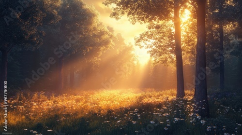 Enchanting Forest Sunrise with Sunbeams Illuminating a Meadow of Wildflowers and Tall Trees