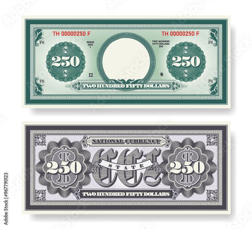 Vector fictional beautiful banknote of 250 dollars. Obverse and reverse of note. Play money with empty circle, guilloche patterns and grid. Blank or sample of certificate. Two hundred fifty.