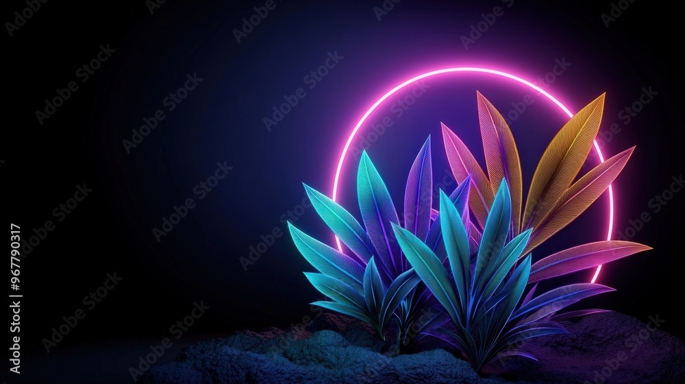 Vibrant glowing plants illuminated by neon light, creating a stunning and surreal atmosphere for artistic design. Vibrant glowing plants illuminated by neon light, creating a stunning and surreal atmosphere for artistic design.