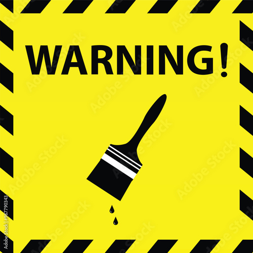 Warning wet Paint , Wet Paint yellow sign, Caution wall sign with Brush, Fresh Paint Warning, Wet Paint Alert