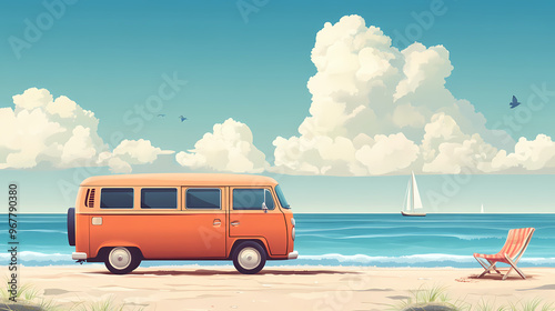 Small hippie minivan on the beach on a sunny summer day with a sunbathing chair. summer holiday concept at sea or ocean. Summer Beach. Illustration