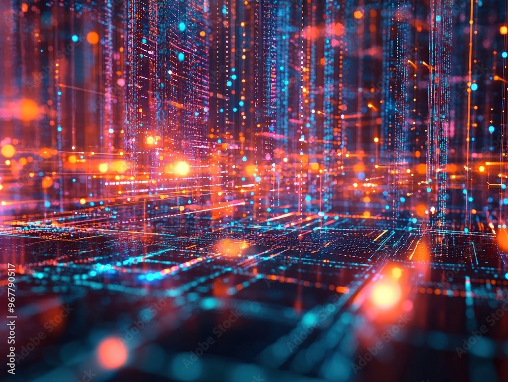 Vibrant network design with glowing lines, data flow, and digital particles creating an abstract tech background. Vibrant network design with glowing lines, data flow, and digital particles creating an abstract tech background.