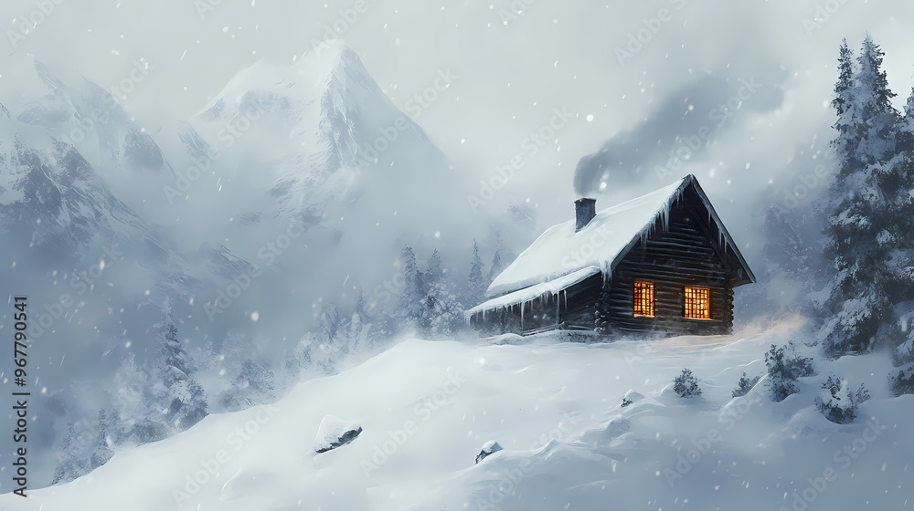 Snowstorm engulfing a mountain cabin, harsh weather, snow-covered surroundings. Snowstorm. Illustration Snowstorm engulfing a mountain cabin, harsh weather, snow-covered surroundings. Snowstorm. Illustration