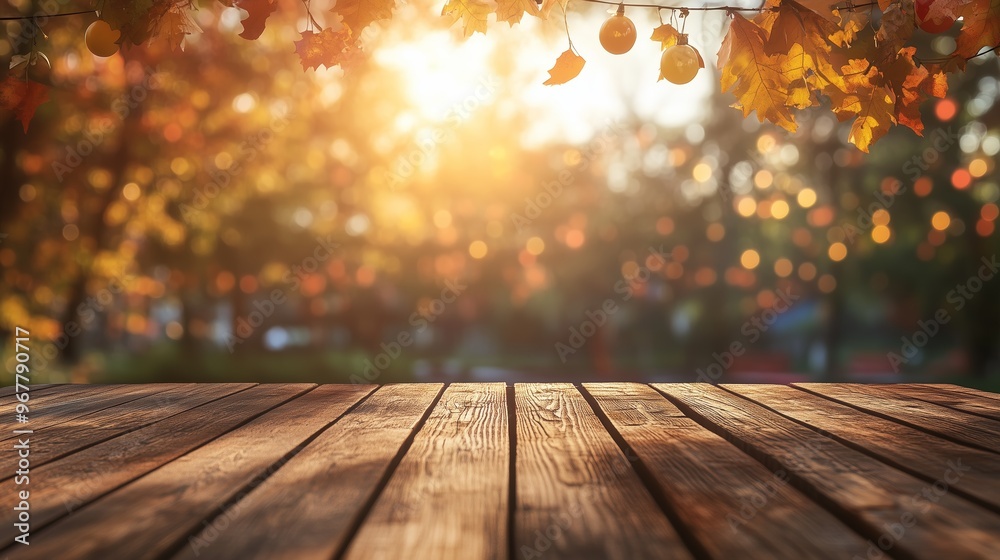 Wooden deck with autumn leaves and bokeh lights, providing a warm and inviting outdoor fall setting. Wooden deck with autumn leaves and bokeh lights, providing a warm and inviting outdoor fall setting.