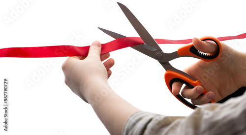 Cutting a red ribbon with scissors on a white background. Opening procedure, inauguration, new project.