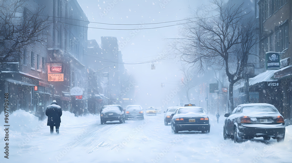 Fototapeta premium Snowy urban street, cars, and pedestrians in a blizzard. Snowstorm. Illustration