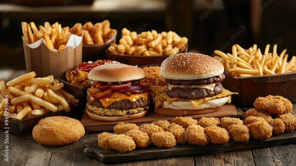 A selection of fast food burgers, fries, and chicken nuggets displayed on a table for a group feast.