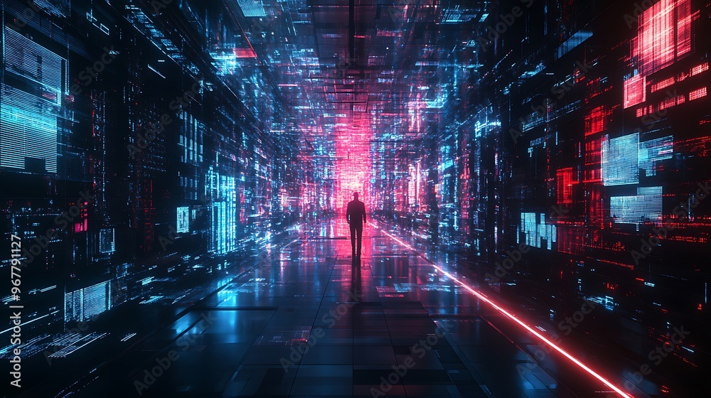 Cyberpunk Cityscape with a Silhouette of a Person Cyberpunk Cityscape with a Silhouette of a Person