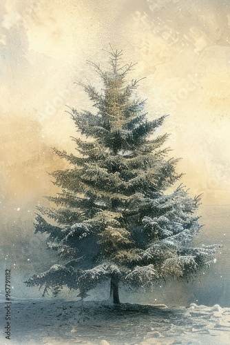 postcard. Christmas tree in the snow.