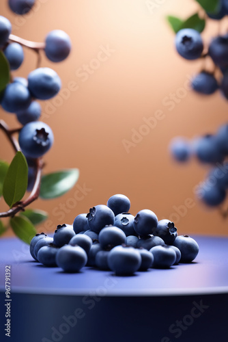 Photo podium mockup background blueberry in blurry background for presentation 3d render 