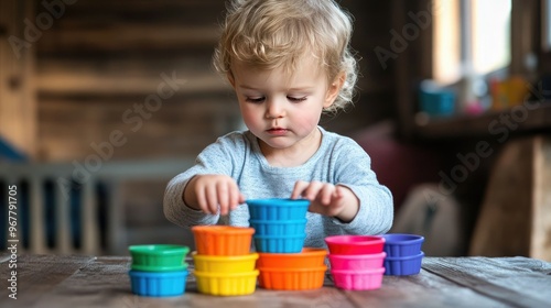 A toddler stacking toy cups, focusing on size differentiation, balance, and fine motor skills.