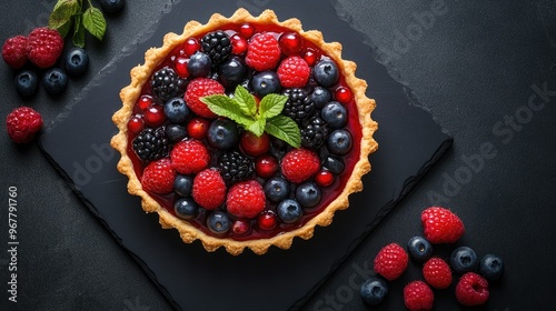 A top view of a fruit tart adorned with fresh berries and a shiny glaze, placed on a black slate for a dramatic effect.