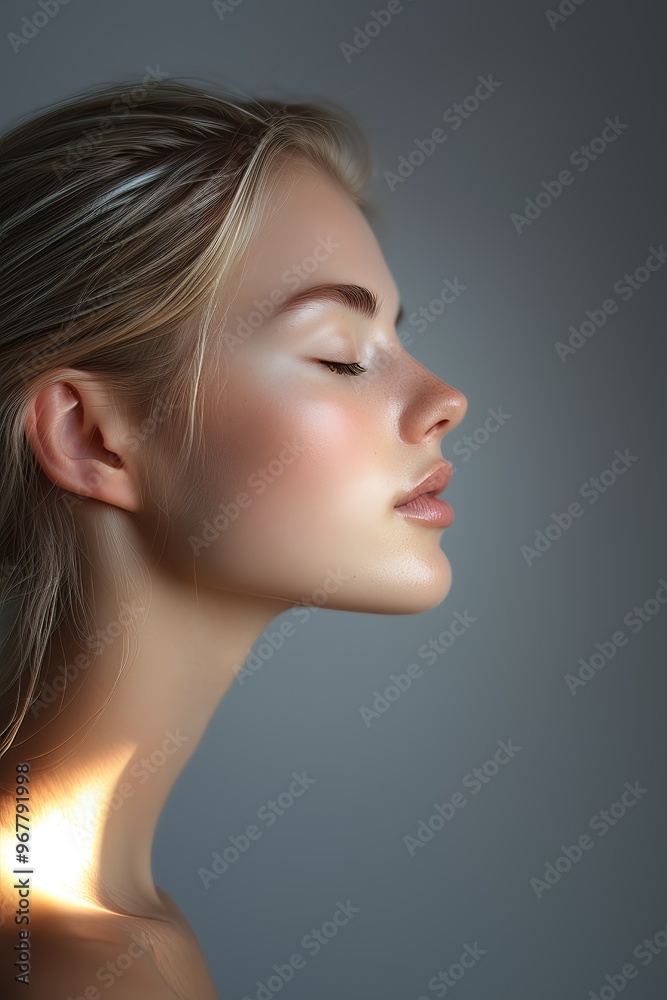 Portrait of a serene woman with closed eyes, highlighting smooth skin and soft lighting, evoking peace and beauty. Portrait of a serene woman with closed eyes, highlighting smooth skin and soft lighting, evoking peace and beauty.