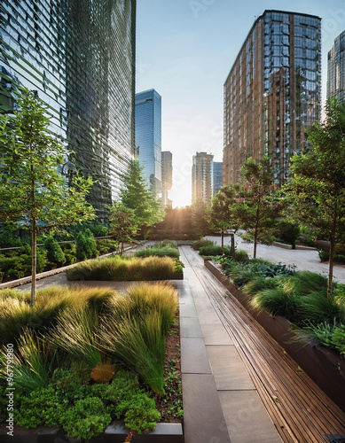 The greenery showcases a sustainable urban design with rain gardens and permeable surfaces strategically placed for managing stormwater runoff
